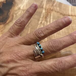 Navajo Sterling Silver 925 Turquoise Southwest Feather Wrap Bypass Adj Band Ring